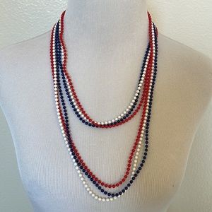 🎉3/$20 Vintage Long 3-Strand Red White and Blue Bead Necklace - 26 Inches